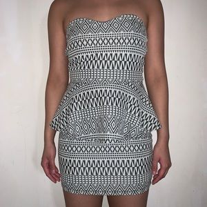 Emerald Sundae Strapless Peplum Black Off White Abstract Pattern Printed Dress